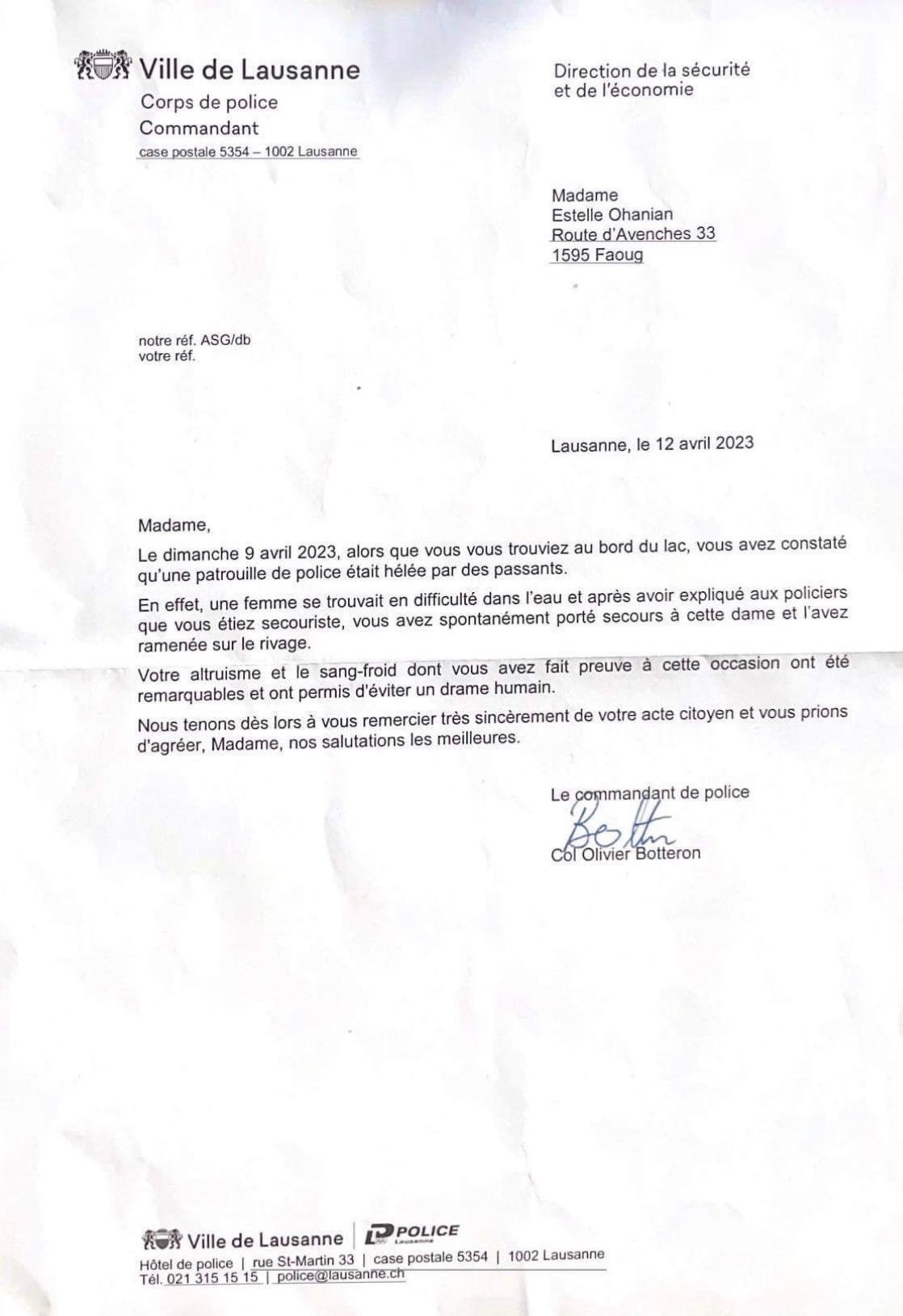 Lettre de reconnaissance officielle du colonel de la police de Lausanne pour le sauvetage aquatique d'Estelle Ohanian